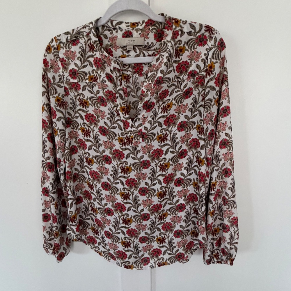 Loft Women's Long Sleeve Blouse Shirt Floral Split Neck Romantic Flowy Office XS